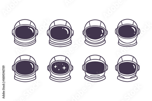 Set of cute astronaut helmet icons, hand-drawn vintage vector