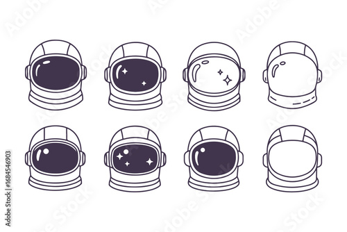 Set of cute astronaut helmet icons, hand-drawn vintage vector