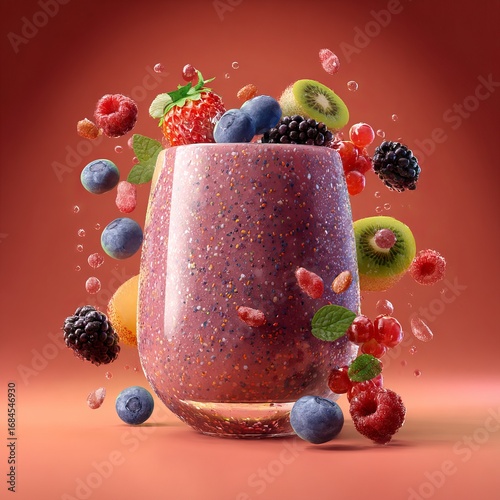 Vibrant berry smoothie in a glass surrounded by fresh flying fruits and splashes