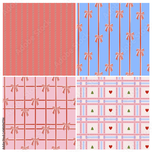Set of 4 seamless Christmas patterns with cozy festive vibe. Includes candy stripes, bows, plaid gift boxes, and Scandinavian hearts with trees. Perfect for wrapping paper, textile design