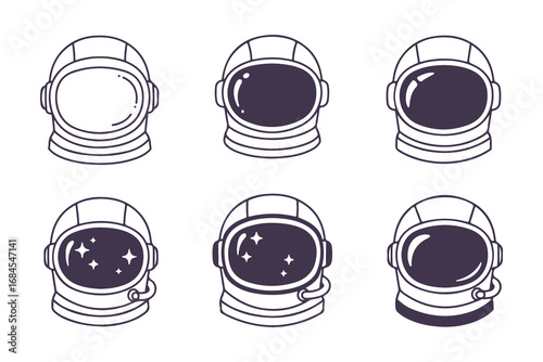 Set of cute astronaut helmet icons, hand-drawn vintage vector