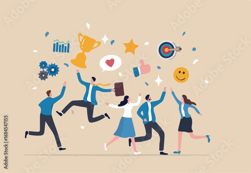 Employee engagement, work satisfaction or happiness, company commitment or employee appreciation, wellbeing or inclusive concept, happy business people employees jump with work engagement elements