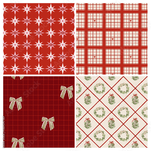 Cozy Christmas pattern set with stars, bows, plaids, and festive wreaths. Seamless vector design perfect for wrapping paper, greeting cards, fabrics, or winter decor projects.
