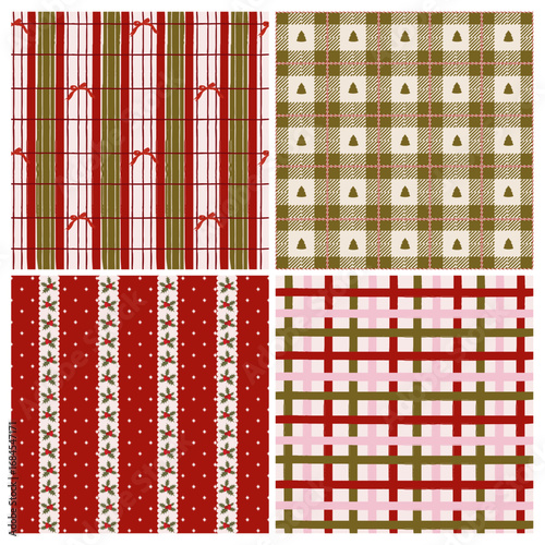 Set of seamless Christmas patterns with plaid, bows, fir trees and festive stripes. Cozy mix of red, green, cream and pink. Perfect for holiday wrapping, fabric, packaging and crafts.