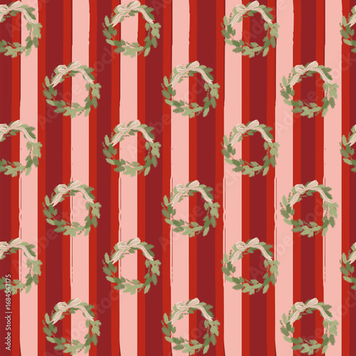Seamless Christmas wreath pattern on hand-drawn red and pink stripes. Cozy and festive texture perfect for wrapping paper, textiles, cards, and holiday crafts.