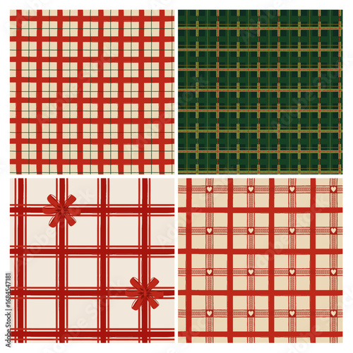 Set of seamless Christmas plaid patterns in cozy red, cream and green tones. Includes gift bow accents and heart details. Ideal for wrapping paper, fabric, scrapbooking and holiday crafts.