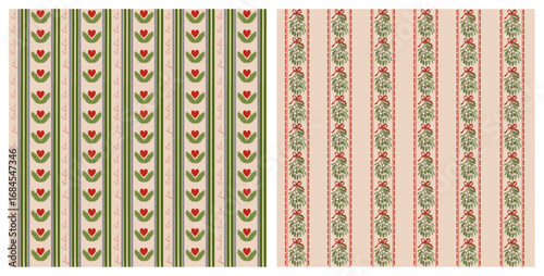Cozy vertical Christmas seamless patterns with hearts, mistletoe and fir branches. Warm festive colors on a soft beige background. Perfect for wrapping, textiles, cards and holiday decor.
