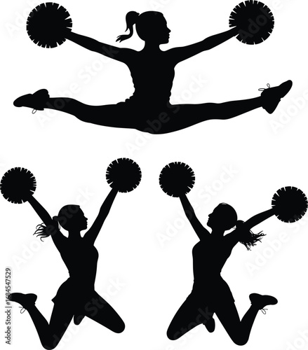Cheerleaders jumping with pom-poms in silhouette, dynamic athletic poses, energetic team spirit, dance performance, cheerleading action, sports celebration, youthful energy