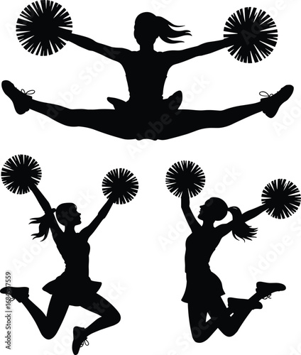 Cheerleaders jumping with pom-poms, dynamic silhouette poses, energetic female athletes, team spirit celebration, athletic dance moves, sports enthusiasm, youthful cheerleading action