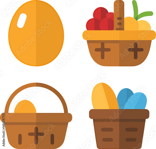 Festive Easter baskets filled with colorful eggs and fruit, celebrating springtime abundance.