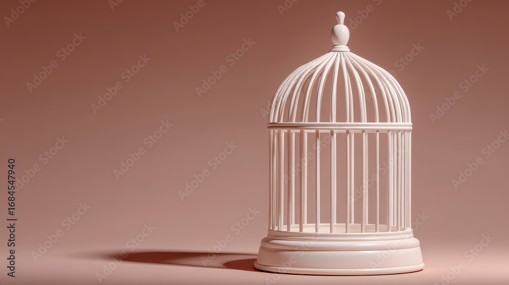 Fototapeta premium A white birdcage sits empty against a muted pink background, casting a subtle shadow. Minimalist, clean aesthetic.