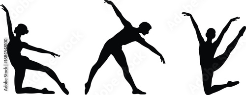 Elegant ballet dancers performing graceful contemporary dance poses, black silhouette art, artistic expression, movement, flexibility, and strength in dance performance