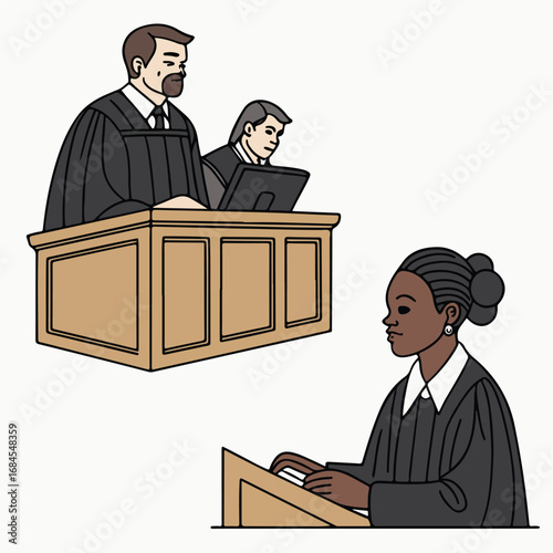 Vector artwork of a lawyer speaking in a courtroom in front of a judge during the trial process