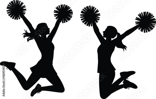 Energetic cheerleaders jumping with pom-poms, dynamic silhouette, athletic girls in motion, team spirit, dance performance, cheerleading action, sports enthusiasm