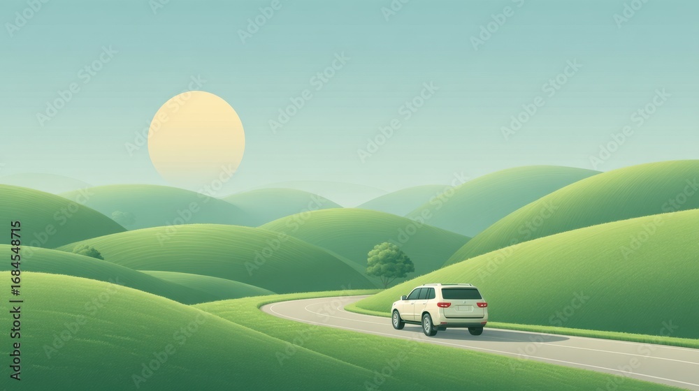 Fototapeta premium Scenic Highway Journey Through Rolling Green Hills Under Bright Yellow Sun in Minimalist Style with White SUV Car Driving on Open Road