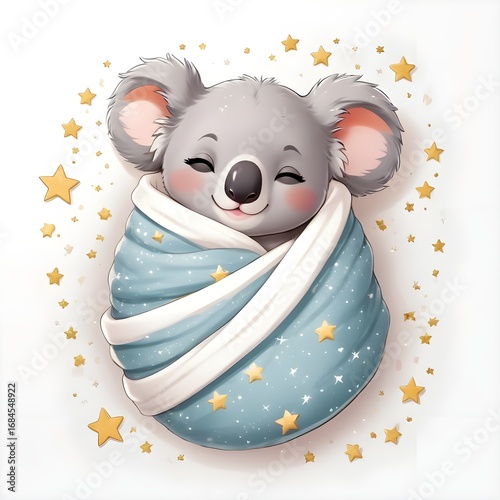 Cute Kawaii Koala Sleeping with Blanket – Adorable Chibi Animal Illustration on White Background
