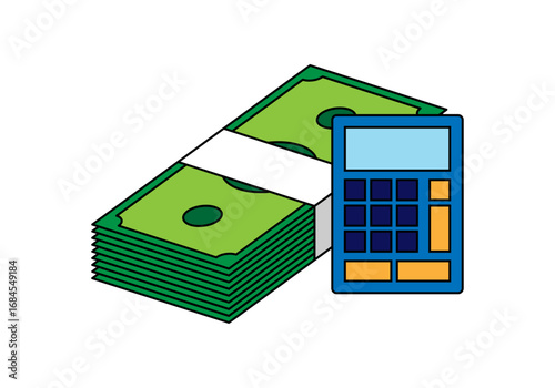 Fajo de billetes con calculadora azul