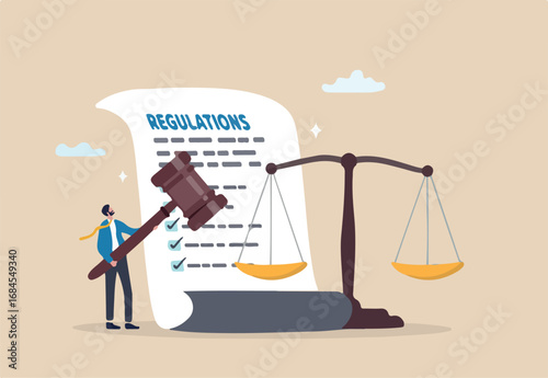 Regulations, law or rules, authority, legislation or government lawsuit, legal document justice or courthouse, verdict or punishment concept, businessman hold gavel with scale and regulation document