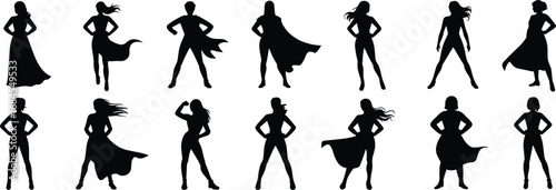 Powerful female superhero silhouettes standing confidently, diverse women with flowing capes, strong poses, empowerment, courage, leadership, strength, inspiring female heroes in dynamic action