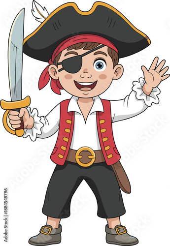 Smiling cartoon pirate boy holding sword, wearing eyepatch and costume hat, waving hand, children adventure character for party or story design