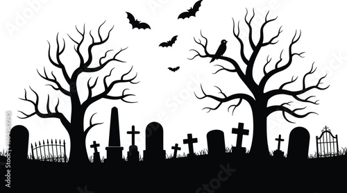 Spooky Halloween graveyard scene with bare trees, tombstones, flying bats, creepy crow, eerie atmosphere, dark silhouette, horror, haunted night