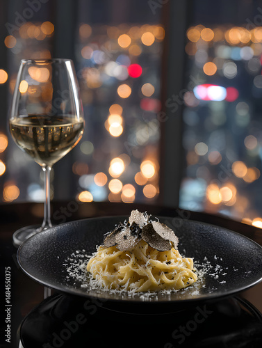 Fototapeta Naklejka Na Ścianę i Meble -  Gourmet pasta dish topped with fresh truffle shavings and a glass of white wine, set against a blurred city lights background, perfect for fine dining experiences