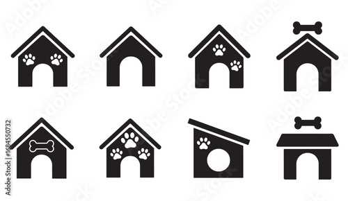 Dog house and pet kennel icons set silhouette vector
