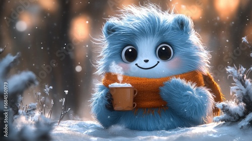 Fluffy blue creature, orange scarf, snowy scene, enjoying a hot drink