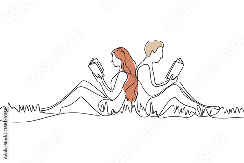 Couple reading books back to back in a minimalist line drawing style