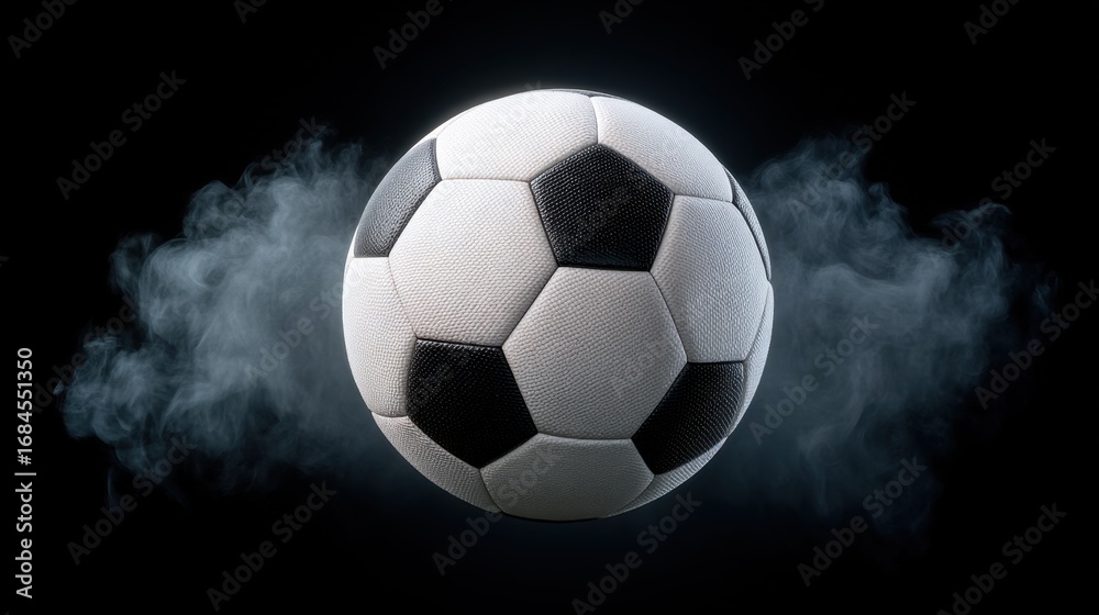 Fototapeta premium Dynamic Soccer Ball Surrounded by Smoke on Dark Background for Sports Concept or Theme Design and Football Related Imagery