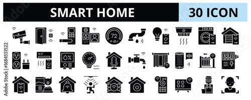 30 Smart Home Glyph Icons Vector -  Open Door Sensor, Leak Sensor, Humidity Sensor, Voice Assistant, Smart Gate, Domotics Home, Water Dispenser