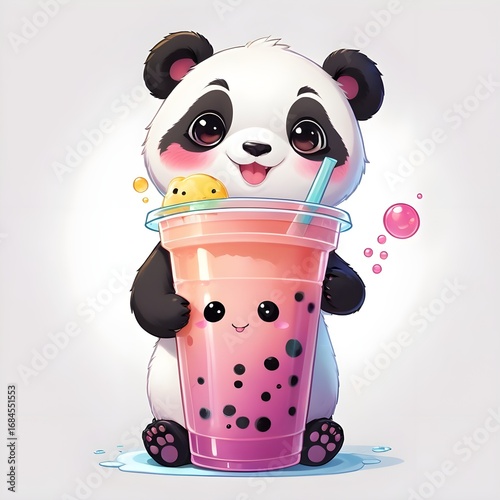 Cute Kawaii Panda Drinking Bubble Tea – Adorable Chibi Animal Illustration on White Background