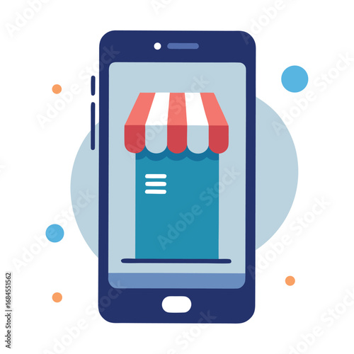 Online Shopping Concept Mobile Phone Displaying a Storefront with Red and White Awning on white background