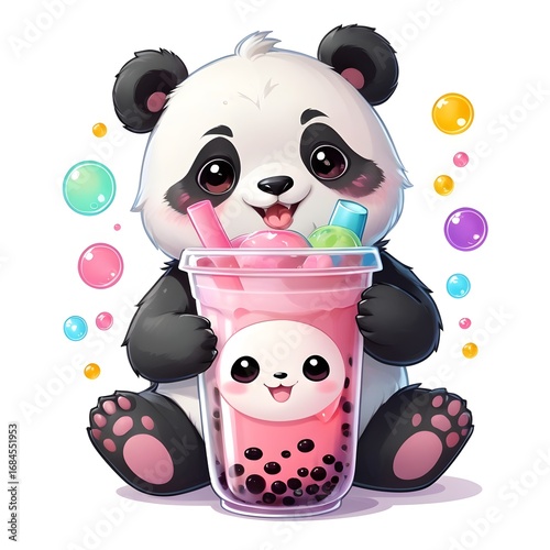 Cute Kawaii Panda Drinking Bubble Tea – Adorable Chibi Animal Illustration on White Background