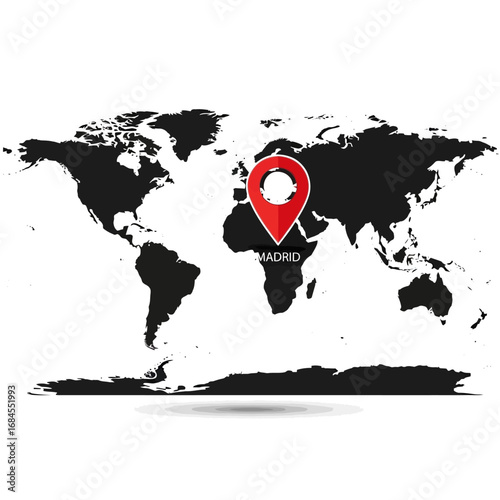 Madrid location pinpoint on world map illustration for travel and global connections