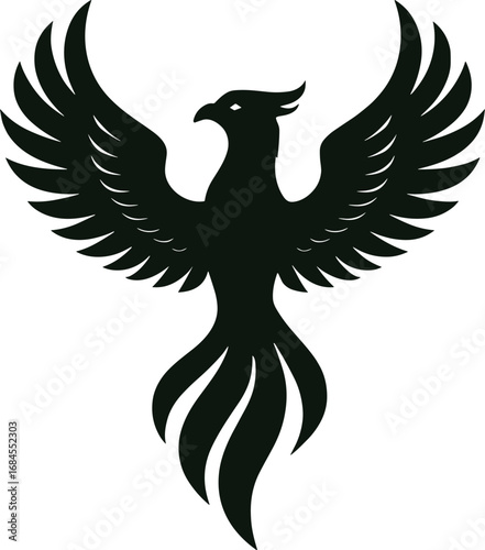Phoenix silhouette, wings spread, black minimal emblem vector transparent