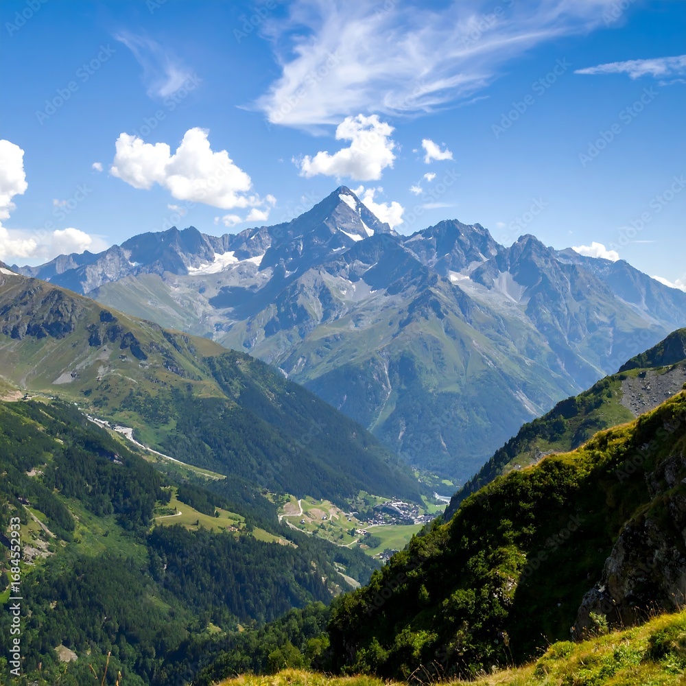 Naklejka premium Alpine peak, lush valleys