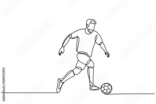 Continuous line drawing of a soccer player kicking a ball