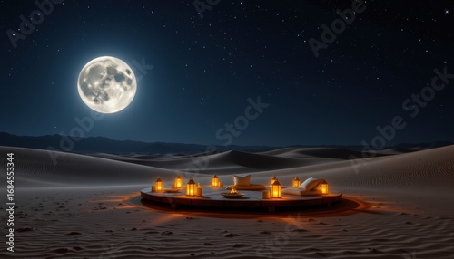 Desert retreat platform glowing under full moon, sand ripples stretching infinitely