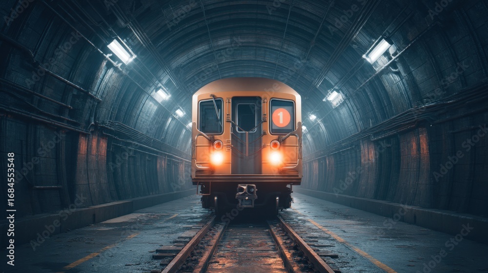 Naklejka premium Underground Train Approaching Station in Dark Tunnel with Bright Lights, Mysterious Atmosphere and Industrial Aesthetic for Transportation Themes