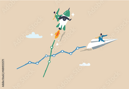 Boost performance, improvement or growth with fast speed progress, self development or marketing and investment, increase efficiency fast concept, businessman riding fast rising speed rocket on graph