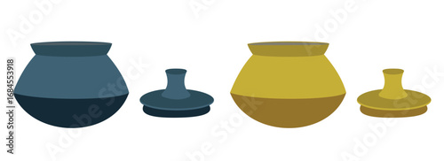 Traditional clay pots with lids in yellow and blue flat vector illustration