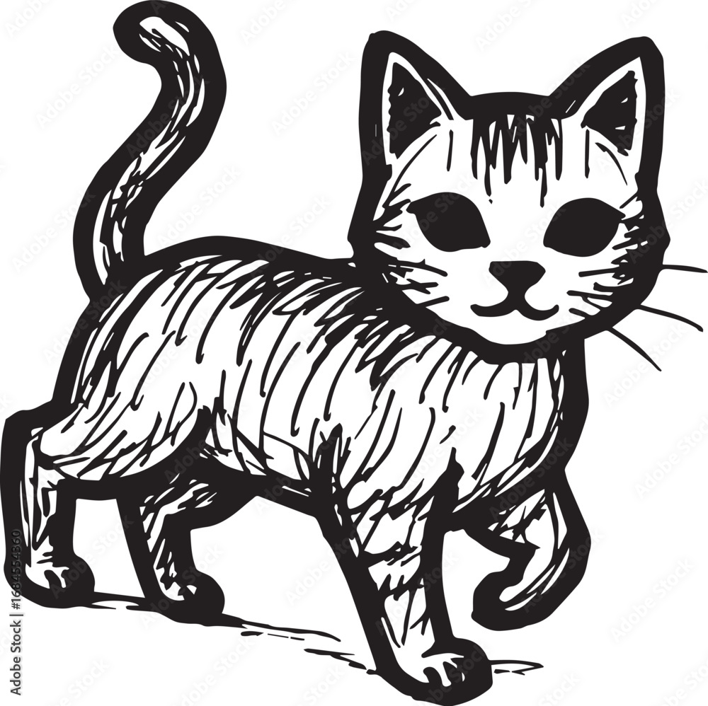 Obraz premium Cat Doodle Black and White Illustration Vector Image Cute Kitten Sketch Line Art Drawing Silhouette 