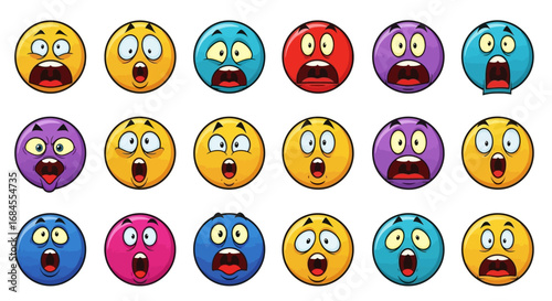 Collection of cartoon emoticon faces displaying shock and surprise expressions in various colors