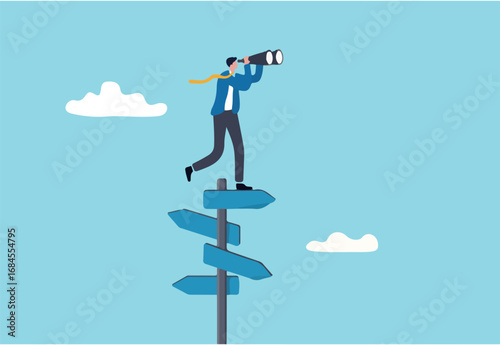 Search for right direction, business opportunity or success way, make decision or career path, vision to see future concept, smart businessman look through spyglass or binoculars to discover solution