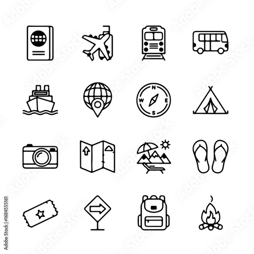 An engaging line art collection of essential travel icons, perfect for the traveler or travel-related business, each clearly representing key elements of journey. 