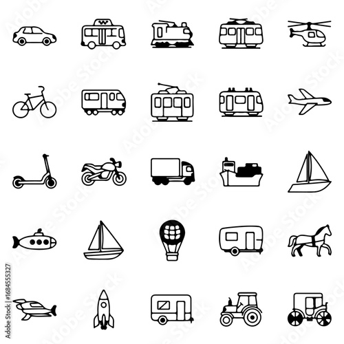 A collection of illustrative transport icons featuring an array of various vehicles for transportation or travel.