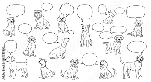 Monochrome dog breeds with speech bubbles convey various thoughts and emotions in seamless pattern