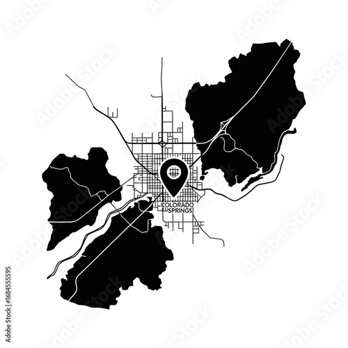 Minimalist cartographic rendering of Colorado Springs and surrounding landscape focus point