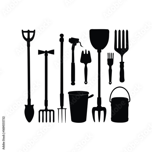 Black Silhouettes of Gardening Tools against White Background in Flat Style, farming tool set silhouette vector illustration